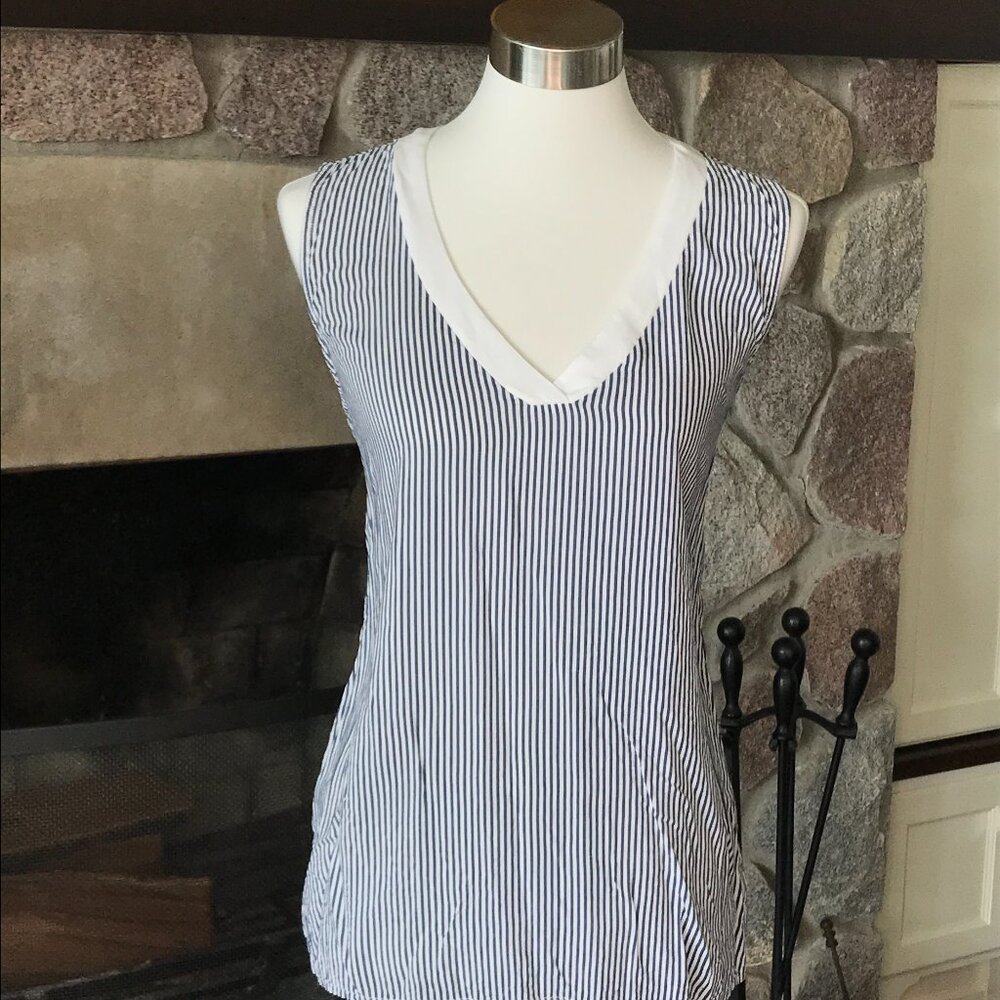 'Cosmic Blue Love' Navy and White Vertical Stripe V-Neck Tank Top - Size Medium